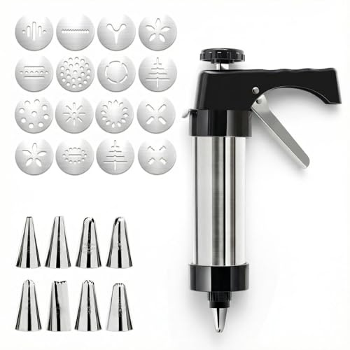 Stainless Steel Cookie Press with 13 Cutters and 8 Nozzles, Professional Cake Decorating Kit, Complete Baking Tools Set for Chefs, Ideal Cookie Making Kit for Home and Bakery Use