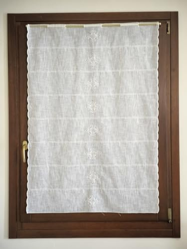 CATTANI TESSUTI Tenda a vetro per finestra e porta – tessuto effetto lino bianco con ricamo intaglio – larghezza 45/60/90 cm, altezza da 63 a 239 cm – 90x79 cm