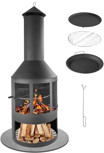 LEMODO Gartenkamin, Grillkamin mit Funkenschutztür, Terrassenofen mit Holzablage, Grillrost, Pfanne, Outdoor Gartenofen, Feuerstelle für Terrasse, Holzofen Wärmequelle für den Außenbereich