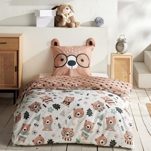 Familando Bär Bettwäsche Set 2-teilig – 135x200 & 80x80 cm – Kissenbezug mit Ohren – 100% Baumwolle Renforcé – Hautfreundlich & atmungsaktiv – Wendemotiv – Öko-TEX Zertifiziert