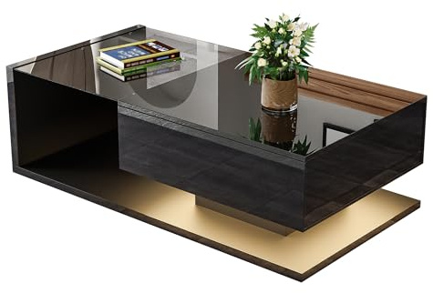 BTM Couchtisch, mit Glas & LED-Effekt, Einzigartiges schwebendes Design und vielfältige Stauräume, Hochglanzschwarz, Beistelltische Couchtische, 105x55x33 H cm