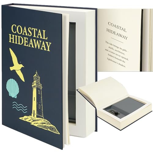 Large Decorative Book Safe with Combination Lock, 10.82×7.67×1.77 Hidden Storage Diversion Box for Cash, Phone, Passport, Valuables – Home Office Bookshelf, Coastal Hideaway