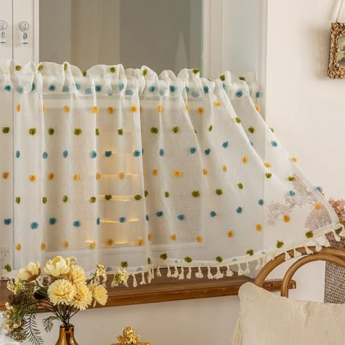 Vordesack Scheibengardine mit bunten Bommel & Quasten HxB 45x100cm Blau | Süße Kurzvorhang Küchenvorhang im Boho-Landhausstil Gardine für Küche, Bad und Wohnzimmer Kurzstore mit Stangendurchzug