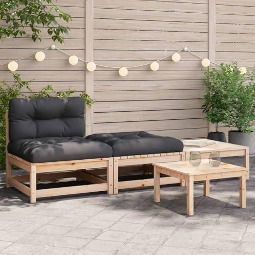 Mandloder Gartensofa ohne Armlehnen, Kiefer Massivholz Loungesofa, 210x70x67cm, mit 2 Hockern & 3 Anthrazit Kissen, Modulares Outdoor Möbel Set für Terrasse, Balkon, Garten