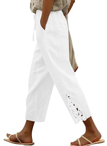 Angerella Women Casual Linen Pants Lightweight Drawstring Elastic Waist Summer Trendy Ankle Cropped Pants Trousers with Pockets White XL