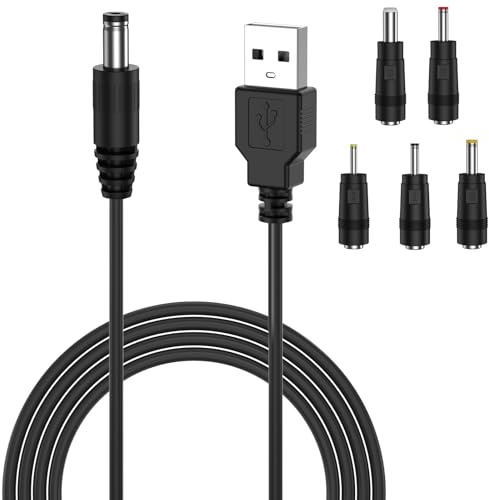 USB to DC Power Cable, 5V USB to DC 5.5 x 2.1mm DC Cord with 5 Adapters 2.5x0.7mm, 3.5x1.35mm, 4.0x1.7mm, 5.5x2.5mm, 3.0x1.0mm Connectors for Router Speaker Fan LED Light – Universal Charger Kit