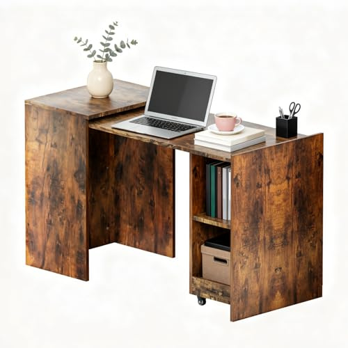 Schreibtisch Ausziehbar mit Stauraum, Computertisch mit Rollen, Bürotisch 2 Regal, Klappschreibtisch für Kleine Räume, Zusammengeklappten 40x55x73cm, Einfache Montage Robust & Langlebig (Braun)