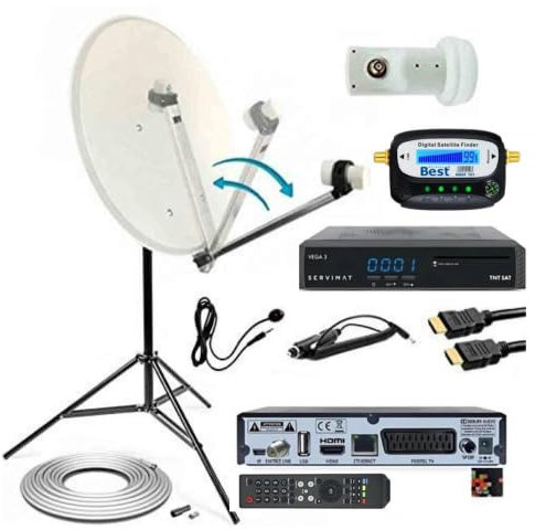 Kit Parabola Acciaio 80 cm Braccio Pieghevole + Ricevitore Servimat Vega 3 + LNB Singolo 0.1dB+ 10 m Cavo coassiale + Treppiede