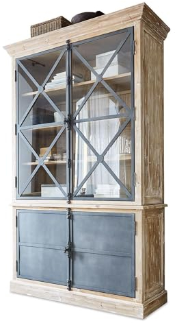 Loberon Schrank Kingswin, Mix aus Landhaus- & Industrial-Stil, Dezentes White-Washed-Finish, Markanten Maserung, Vitrine, Tannenholz, Glas, Eisen, schwarz/antikbraun