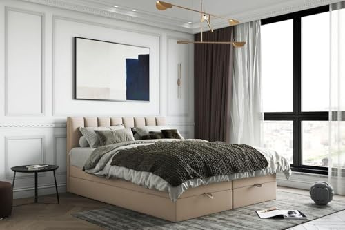 TRADA Letto Contenitore Matrimoniale GUSTO, 160x200cm, Beige | con Contenitori e Materasso, Letto con Topper In Memory Visco