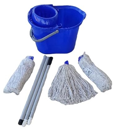 Kit professionnel nettoyage sol - Livré avec 3 serpillières Mops espagnols coton 200g - Seau 15 litres avec panier essoreur à torsion - Manche démontable 1m35 avec accroche - Embout vis et trous