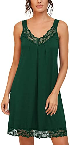 PrinStory Camicia da notte da donna in pizzo con slip ampi, sottoveste, biancheria da notte in jersey di cotone, Verde scuro, L