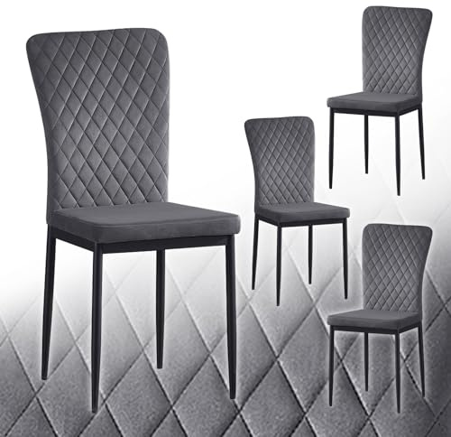 JaHECOME 4er Set Esszimmerstühle mit Samt-Bezug, hoher Rückenlehne, Gitter Leichtbau Design, Essstuhl mit Metallbeine, für Esszimmer Küche Wohnzimmer (4, grau)