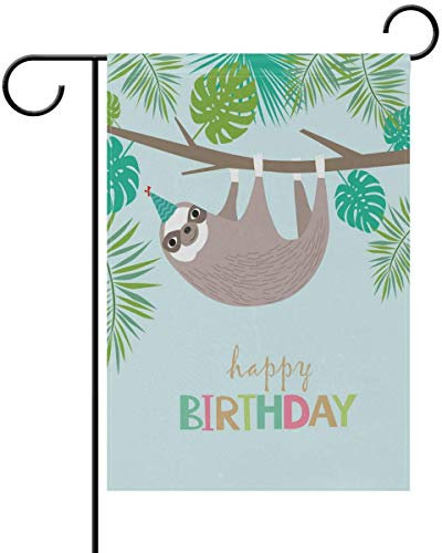 Drapeau de jardin Happy Birthday - Motif paresseux et feuilles de palmier - Décoration durable pour la maison, le jardin, Halloween - 70 cm x 102 cm