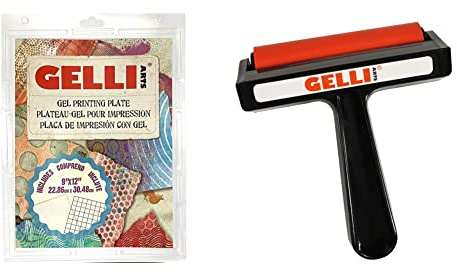 Gelli Arts GL013964721027 Gel-Druckplatte, 22,9 x 30,5 cm, transparent & GL013964749083 Brayer, rot/schwarz, M