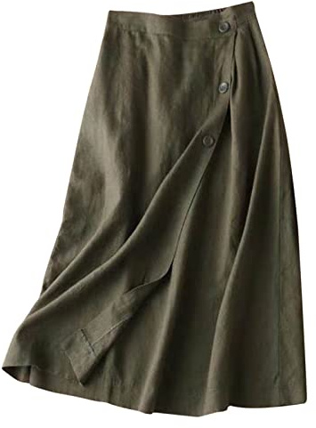 Women's Summer Cotton Linen Elastic Back Buttoned Swing Midi A Line Skirt Bohemian Midi Skirt UK Size XXL GN2