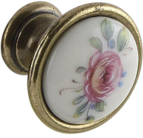 SCHÖRGHOFER & FREHE Möbelknopf Rose ø 24mm - Porzellangriff Landhausstil - Türknauf für Möbel, Porzellan bemalt, Zinkdruckguss altvermessingt