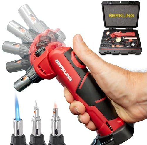 Berkling BSG-2000 Cordless Butane Soldering Torch Kit, 5-Way Adjustable Head, Multi-Functional Soldering | Heat Gun | Blow Torch, 90 Mins Runtime, 12 Attachments & A Sturdy Carrying Case (RED)