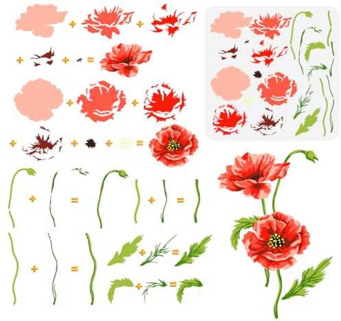 FINGERINSPIRE Geschichtete Mohnblumen Malschablone 30x30 cm Wiederverwendbare Mohn Wildblumen Zeichenvorlage Pflanzen Blumen Dekor Schablone Zum Malen Auf Holz Wand Stoff Möbeln