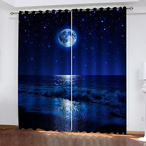 Blickdichte Vorhänge Mit Motiv 3D Blaue Sterne Seelandschaft Kinder Gardinen Blickdicht Ösen Gardine Thermo 264x214 Cm Schlafzimmer Kinderzimmer Vorhänge Dekoratives Muster, Verdunklungsvorhänge