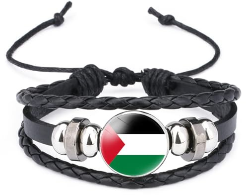 Cernomal Geflochtenes Armband Mit Palästina-Flagge – Glasanhänger, Mehrschichtiges Ledergeflecht, Unisex-Armband, Armreif Für Nationalfeierlichkeiten, Schmuckzubehör, Schwarz, Lang:
