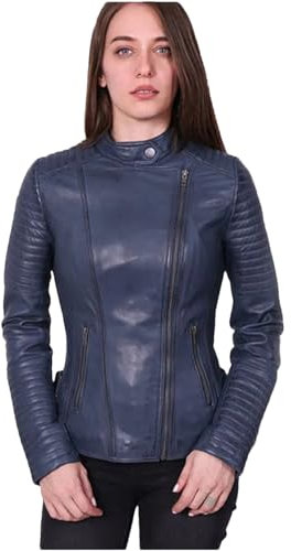 Damen Schaffell Jacke Skinny Motorradjacke Kurze Motorradjacke, petrol, 46