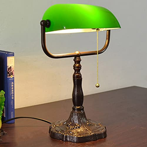AIBOTY Bankers-Schreibtischlampe Aus Grünem Buntglas, Antike Tiffany Mit Aluminiumsockel, Bibliothekslampe Mit Zugkette, Vintage-Tischlampe Für Das Arbeitszimmer Im Büro,A Green