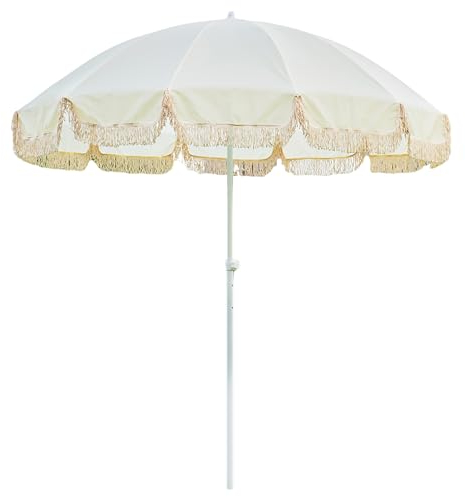 CNHRFGVD Tragbarer Gartenschirm mit Quaste und Tasche, 240 cm Strandschirm Outdoor, höhenverstellbar, 12 Streben, Sonnenschutz UV-Schutz 50+ Sonnenschirm, Beige