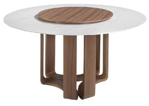 Ángel Cerda - Table de salle à manger ronde en marbre porcelaine et noyer - Dimensions 150 x 75 cm - Pieds en bois plaqué noyer - Convient pour 6 personnes - Blanc