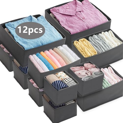 Dazhtu 12er Schubladen Ordnungssystem, Kleiderschrank Organizer, faltbar Aufbewahrungsbox Schrank, Unterwäsche Organizer, Stoffboxen Aufbewahrung für Kleidung, BHs, Socken, Krawatten, (Grau