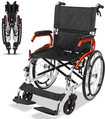 Faltbarer Transportrollstuhl Leicht Rollstuhl - Aluminium Faltrollstuhl für Erwachsene und ältere Menschen, Reiserollstuhl mit Handbremse, FuBstütze, Armlehnen, leicht, Sitzfläche 45 cm