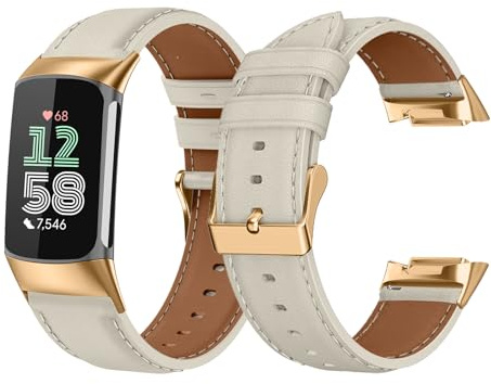 LanQii Läderrem kompatibel med Fitbit Charge 6/Charge 5, läderersättningsarmband för Fitbit Charge 6/Charge 5, vit