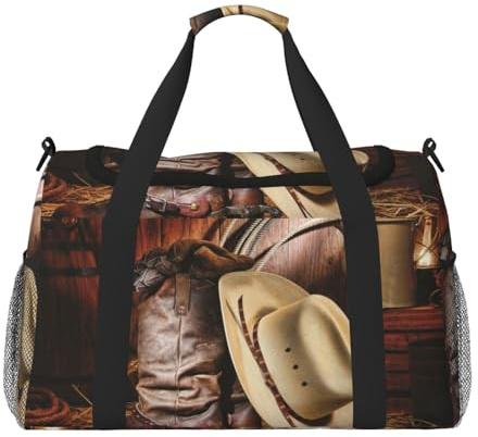 Cowboy-Reisetasche mit schwarzem Hut, Westernstiefel, bedruckt, für persönliche Gegenstände, Sport- und Fitness-Tasche, Langstreckenreisen, Schwarz , Einheitsgröße