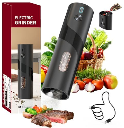 CIRCLE JOY Electric Pepper Grinder Top-Refill Rechargeable Pepper Mill Grinder with 110ml Capacity, Adjustable Coarseness and White LED Light, Black