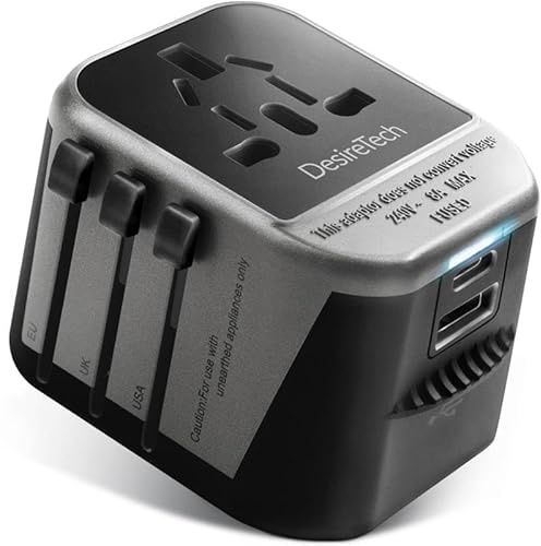 Desiretech Travel Adaptor - 4-in-1 Universal Plug Adapter with USB-A, USB-C, Phone Docking - Compact UK to World Adaptor, Double Fuse Protection - Perfect for Europe, USA, Asia & Beyond (Black/Grey)
