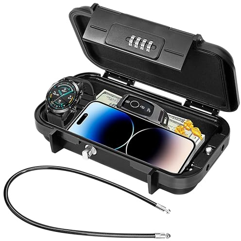 Mini Caja Almacenamiento Código, Caja Fuerte Portátil, Impermeable Seguro con Cable Metálico Extraíble para Viajes, Playa, Camping, Oficina (Negro)