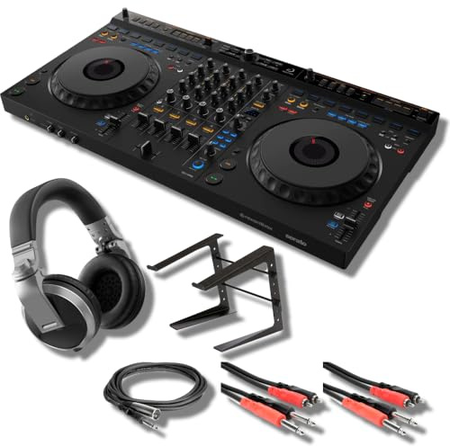 DDJ-GRV6 4-K-DJ-Controller mit Pioneer HDJ-X5-S professionellen DJ-Kopfhörern, On-Stage Stands LPT5000 Laptop-Ständer und essentiellen Kabeln zum Anschluss an DJ-Controller