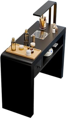 Estación de mesa de manicura negra moderna con colector de polvo de uñas y luces LED, equipo profesional de arte de uñas para tecnología de uñas, estación de trabajo de madera doble con cajones