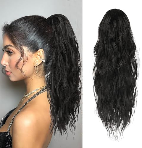 XFSRG 45cm Haarextension Zopf Haarteil Mit Gummiband Ponytail Extension Flauschig Gewellte Haare Pferdeschwanz Haarteil Haarverlängerung Damen Natürlich Elegante Frisuren(Schwarz)