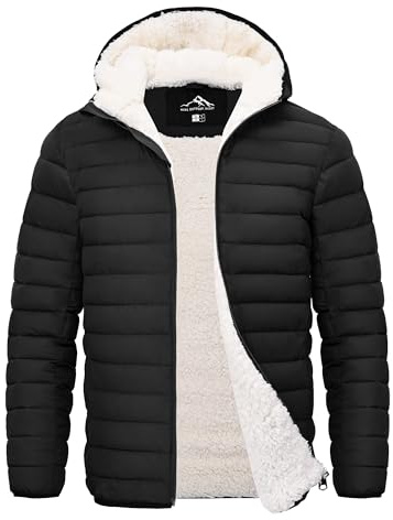 Peakwell Mens Sherpa Fleece Jacket Outdoor Coat Winter Parka, Black, XXL