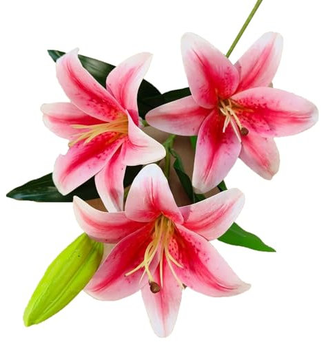 Lirios Artificiales de 4 Cabezas, Ramos de Tigres Artificiales para decoración de Fiestas, hoteles y arreglos Florales.(Rosado)