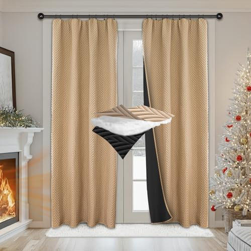 PLODAXE Thermovorhang Kälteschutz Kräuselband 2er Set, Verdickung Wärmeschutzvorhang, Verdunklungsvorhänge Wärmeisolierend Gegen Kälte für Schlafzimmer Wohnzimmer(H245xB140cm,Beige 2-teilig)