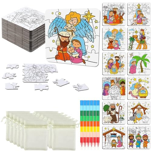 24 Stück Puzzle zum Bemalen Weihnachten Krippe Puzzle Selber Gestalten Mini Puzzle Kinder 9x9 cm für Kinder Gastgeschenke Geburtstagsfeier DIY Handwerk