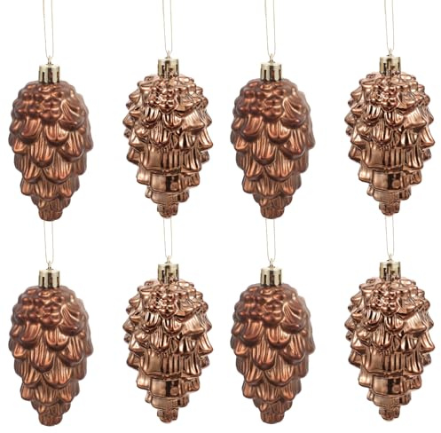 Hemobllo 8pcs Christmas Pine Cone Baubles Ornaments, Luxury Shiny Coffee Copper Pendant Shatterproof Plastic Hanging Ball for Xmas Tree, Thanksgiving Fall Home Holiday Decorations