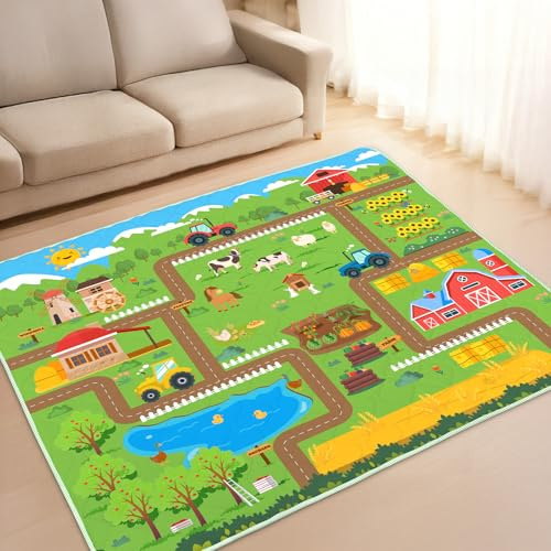 alldomess Tappetino per Giochi Bambino 150x180, Tappeto Attività Morbido con Imbottitura Spessa per Tempo a Pancia in Giù, Base Antiscivolo Sicura per Gattonamento, Fattoria verde