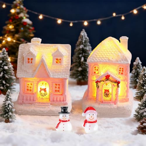 SPERMUOY Weihnachtsdorf häuser Weihnachtsdorf mit Beleuchtu,2 Stück Weihnachtshäuser mit Schneemann Weihnachtsdeko Haus Miniatur weihnachtsdorf,Weihnachtshaus Weihnachtsbeleuchtung
