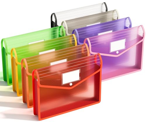 ABC life Plastplånböcker A4, 8 st plastmappar för pappersarbete A4, dokumentmapp i polyfickor med knappstängning, genomskinliga kuvert för skola kontor hem, blandade färger