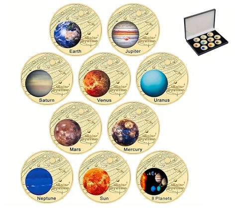 Juego de 10 piezas de colección del sistema solar chapado en oro con estuches individuales y caja de almacenamiento.