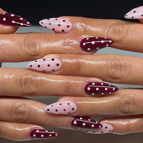 Auroriel 24 Pcs Medium Almond Polka Dot Press On Nails Pink Gloss Full Coverage Artificial Fingernails for Glue Reusable Application Manicure for Women