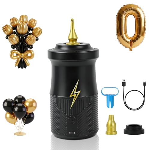PlusFive Pompe à ballon sans fil avec batterie de type C avec 2000 mAh et 3 buses pour rond/film/ballons longs 260 Q, gonflage et évacuation, pompe électrique pour décorations de fête